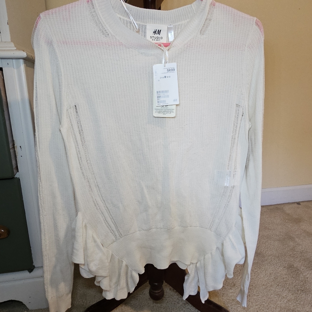 NWT H&M Studio Collection Cream Frill Hem Knit Sweater‎ Thrashed Shirt Sheer Sm
